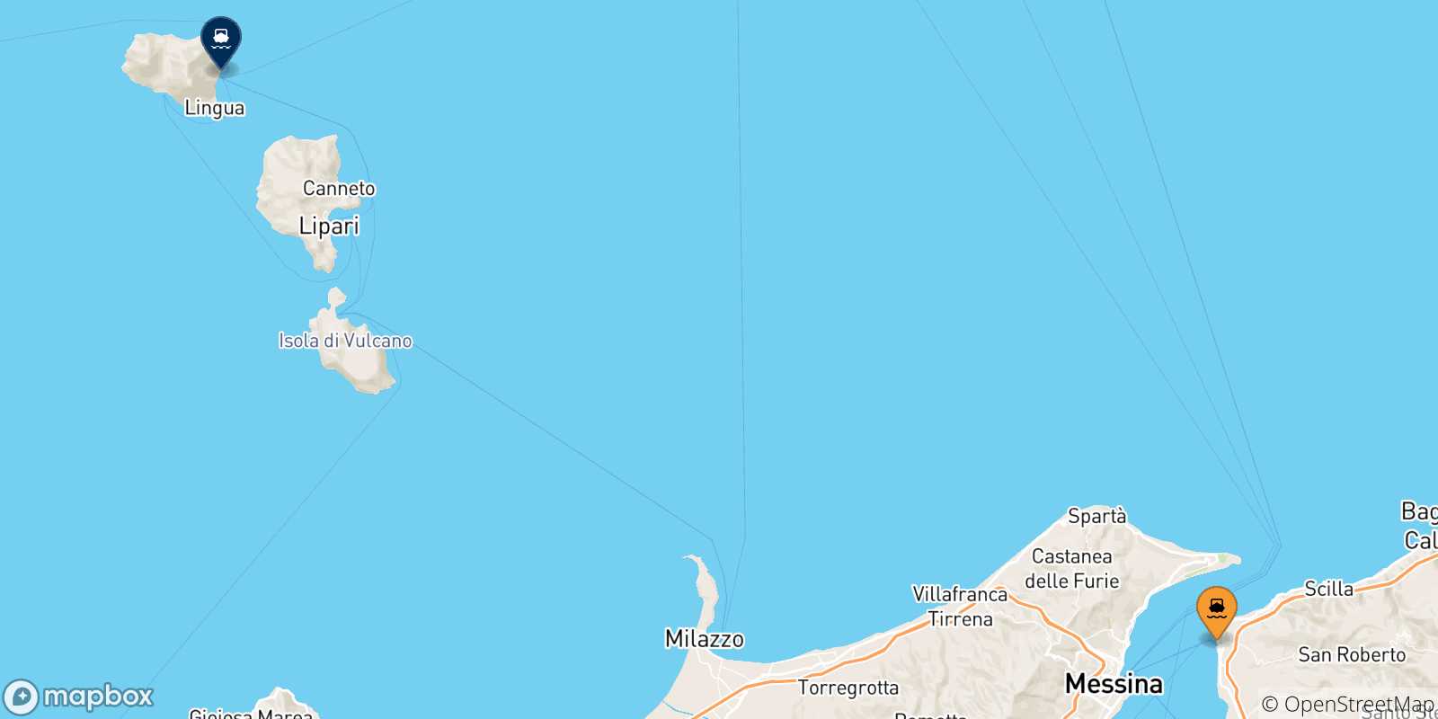 Map of the possible routes between Reggio Calabria and Aeolian Islands