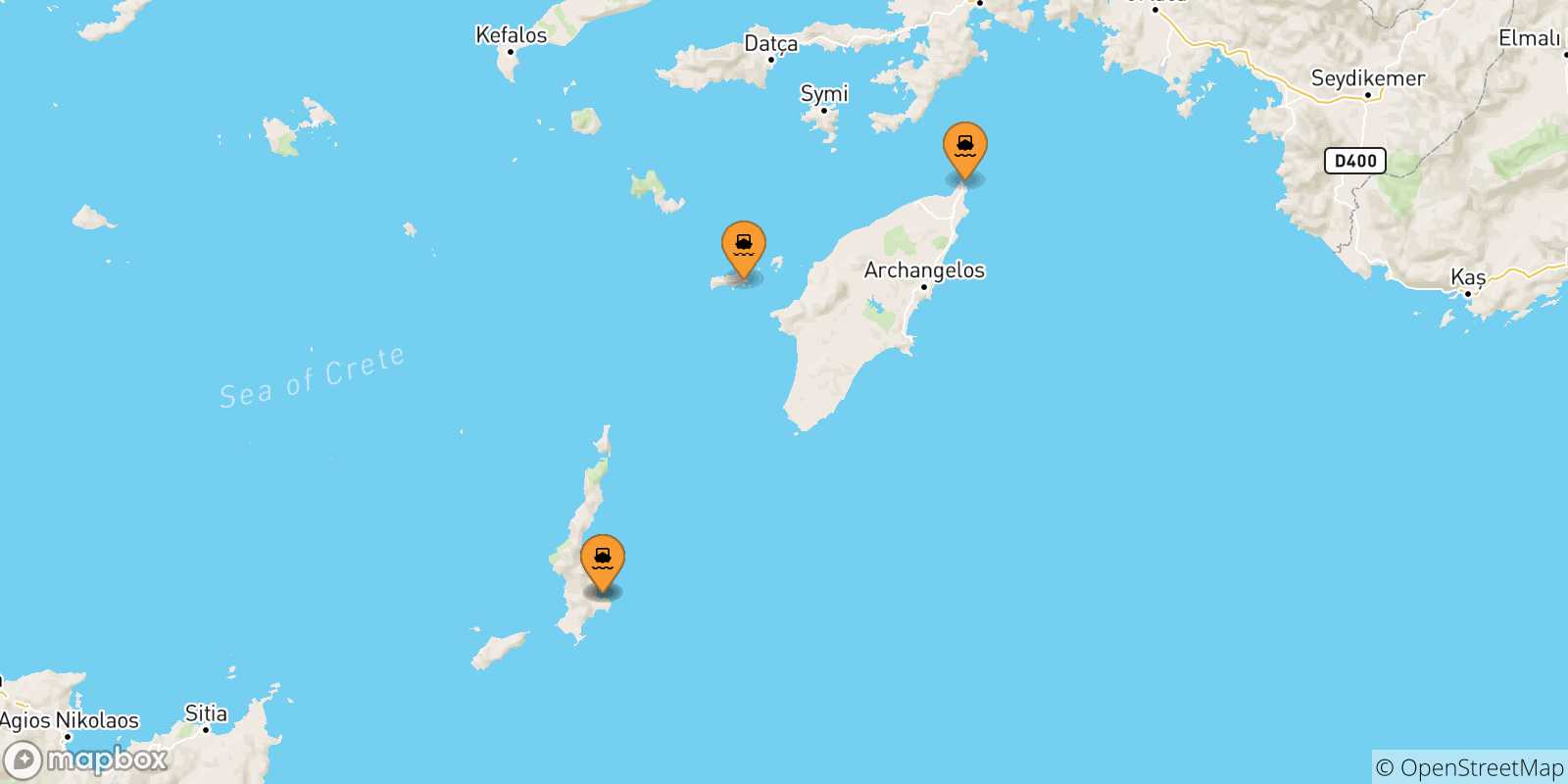 Map of the possible routes between Dodecanese Islands and Kasos