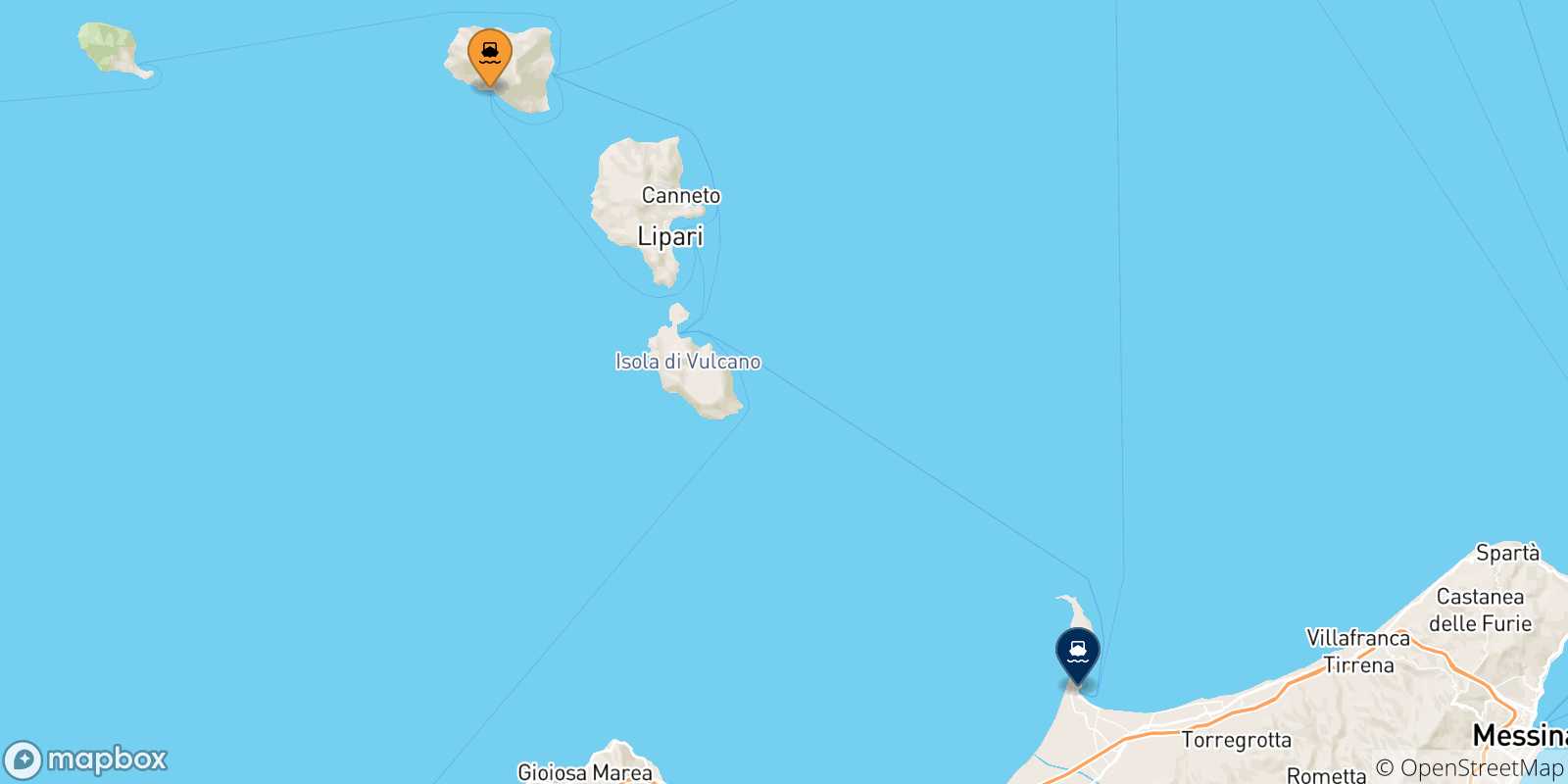 Map of the possible routes between Rinella (Salina) and Sicily