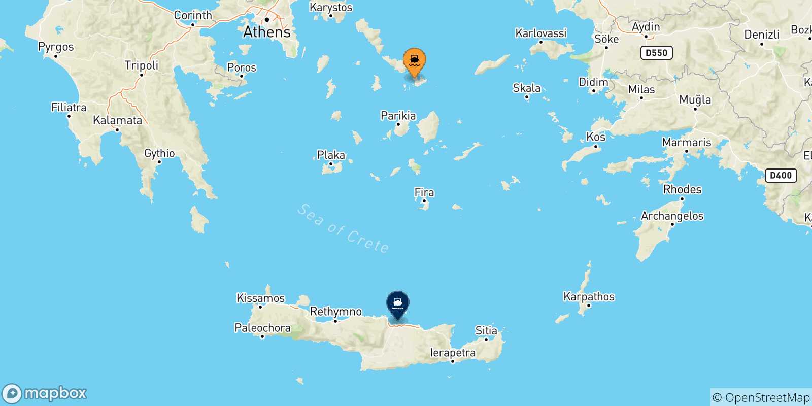 Map of the possible routes between Mykonos and Crete