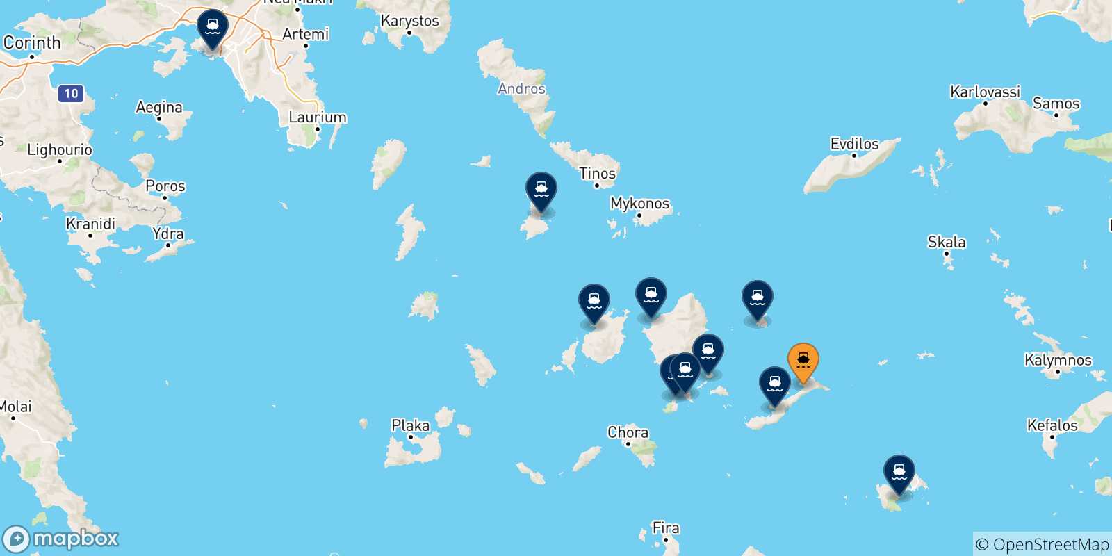 Map of the possible routes between Aegiali (Amorgos) and Greece