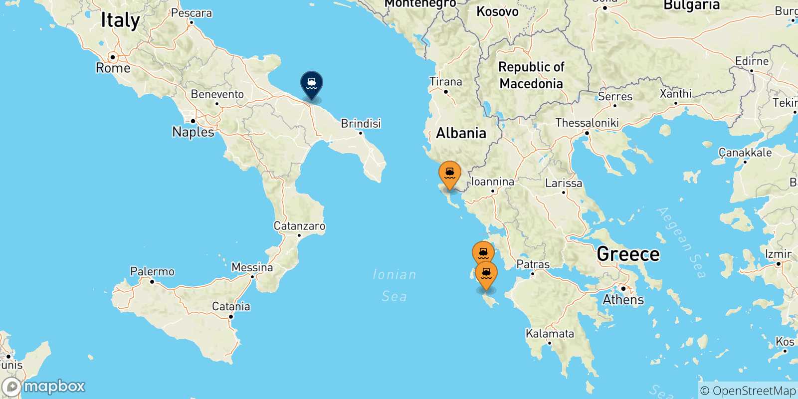 Map of the possible routes between Ionian Islands and Bari