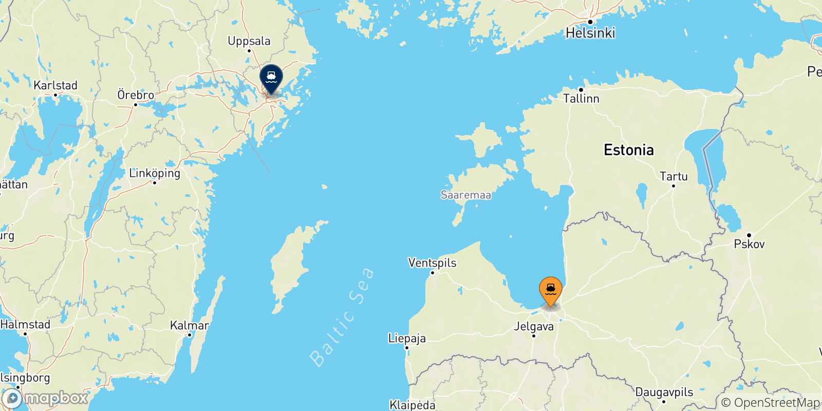 Map of the possible routes between Riga and Sweden