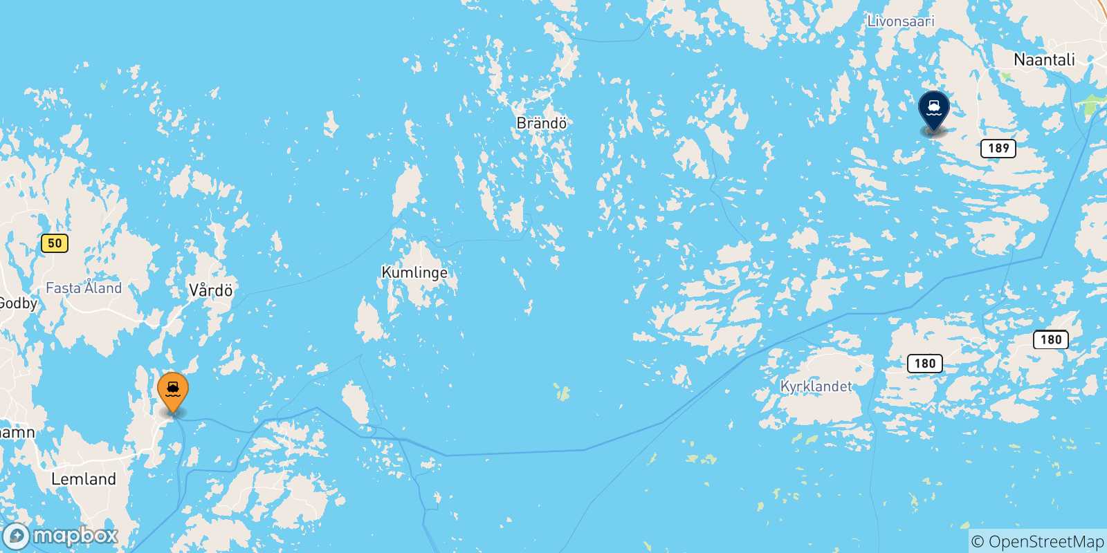 Map of the possible routes between Långnäs and Finland