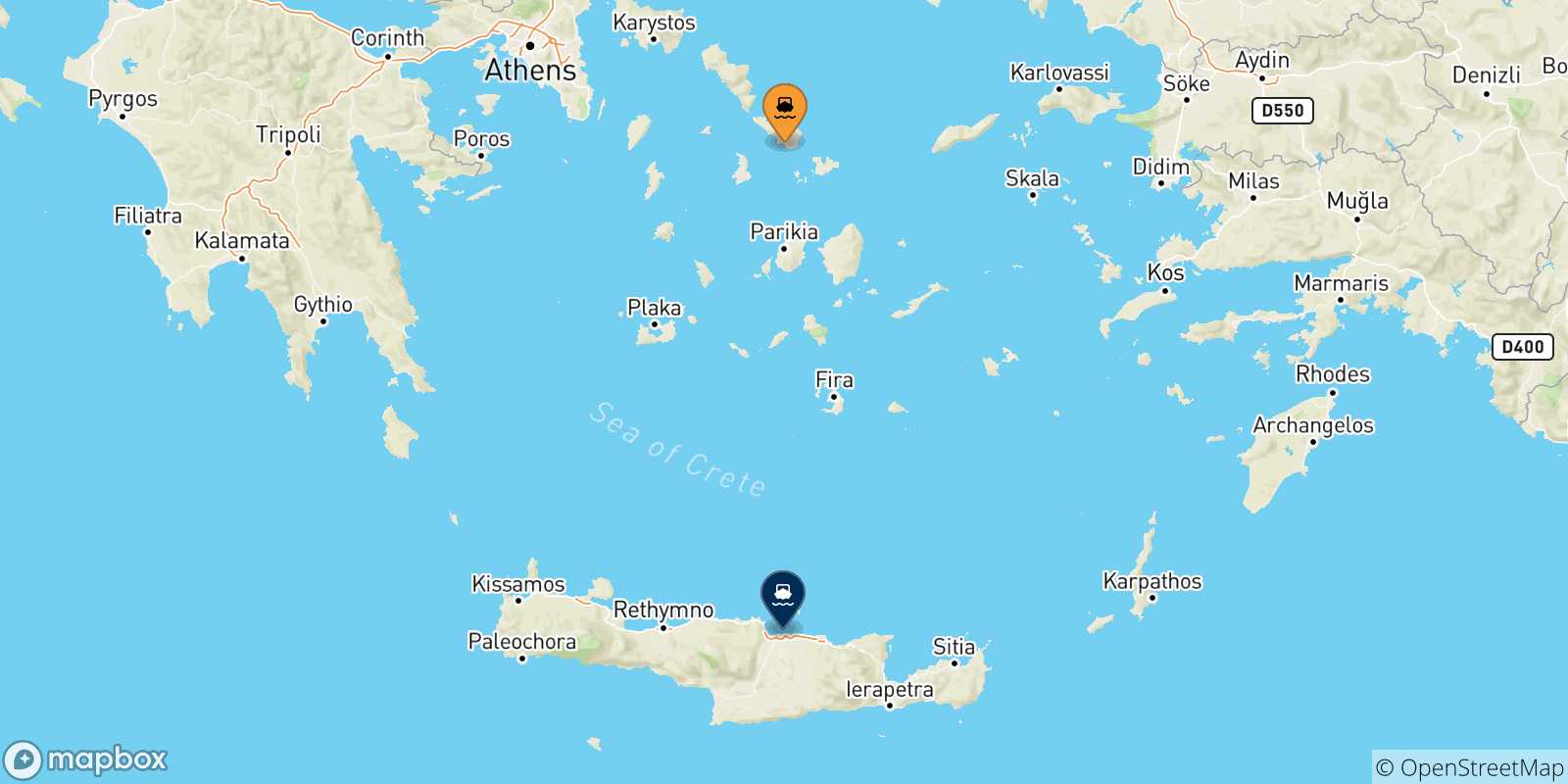 Map of the possible routes between Tinos and Crete