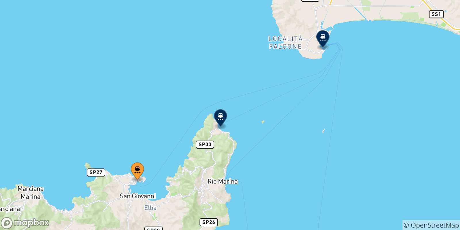 Map of the possible routes between Portoferraio and Italy