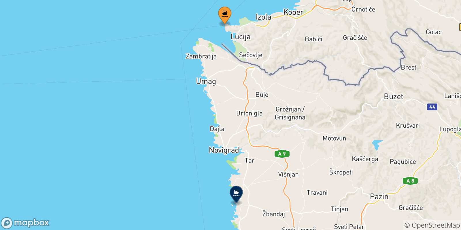 Map of the possible routes between Slovenia and Porec