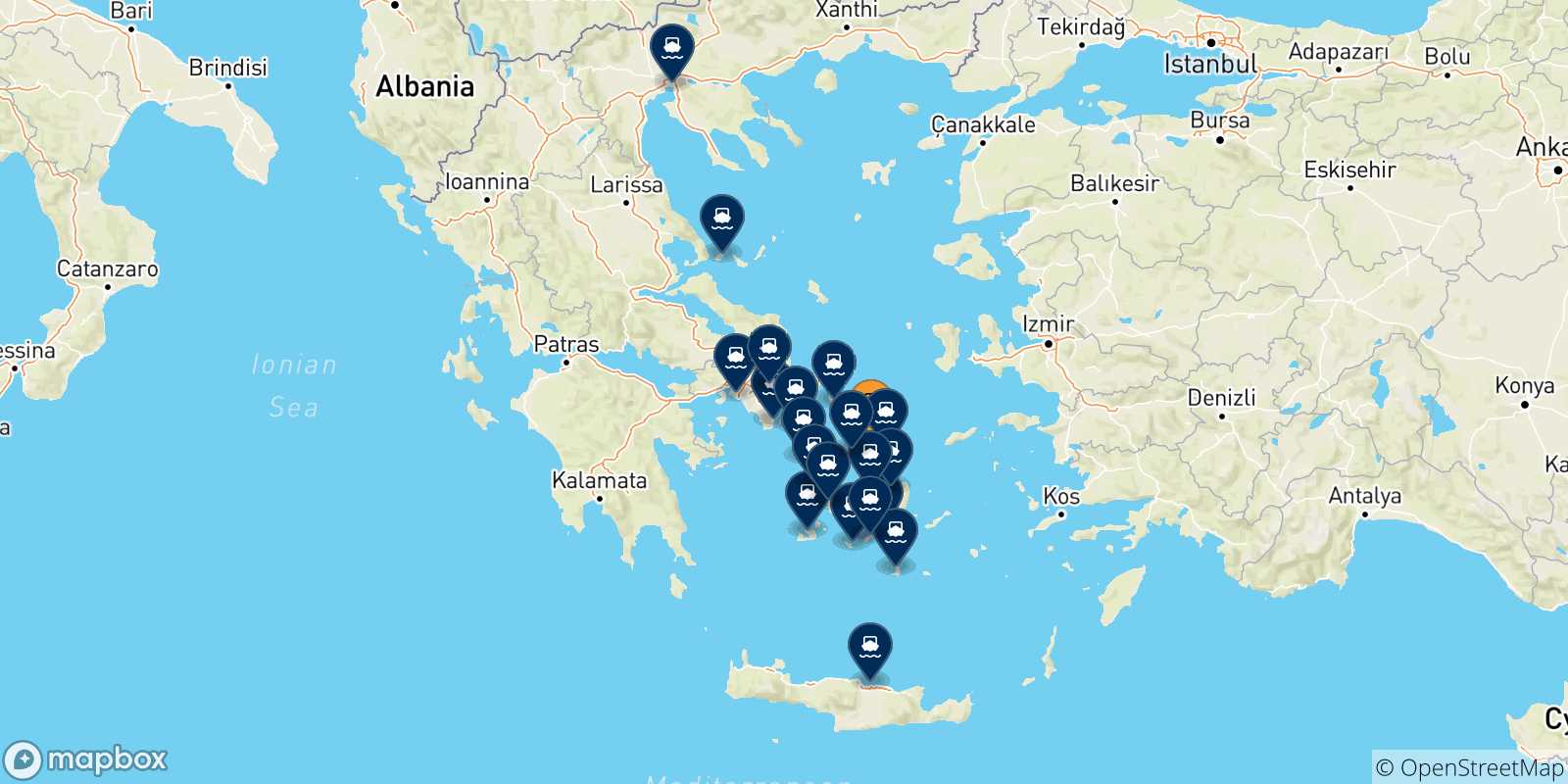 Map of the possible routes between Tinos and Greece