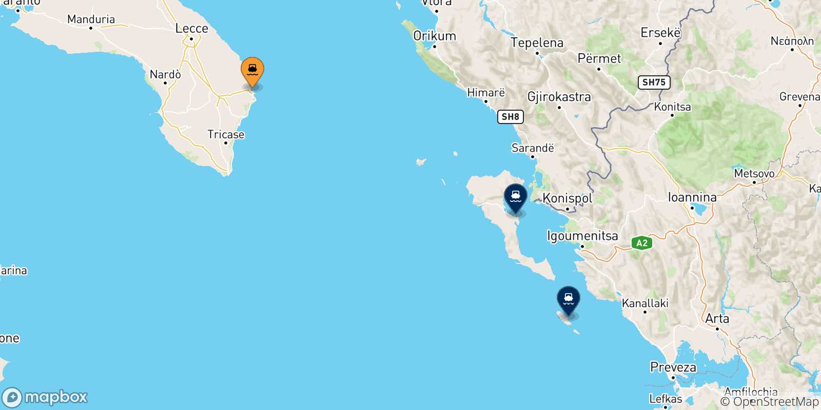 Map of the possible routes between Otranto and Greece