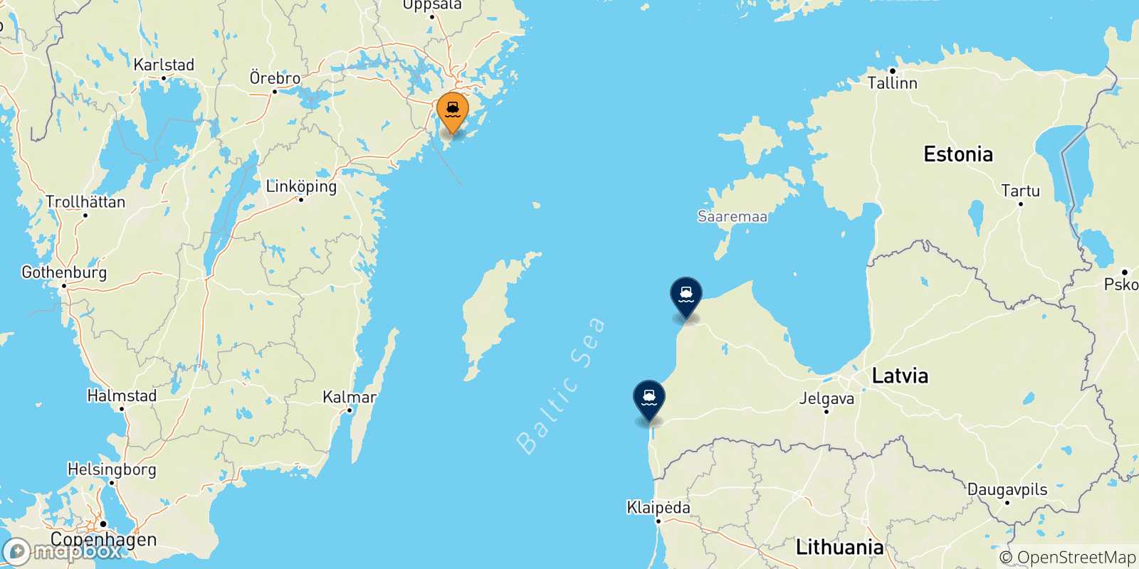 Map of the possible routes between Nynashämn and Latvia