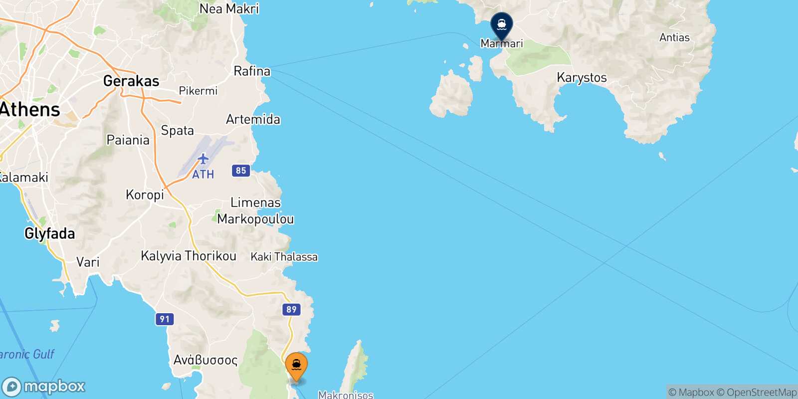 Lavrio Karystos route map