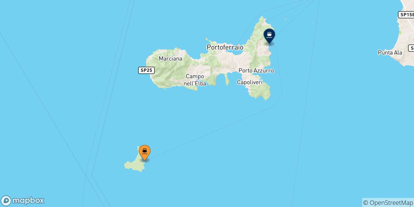 Map of the possible routes between Pianosa Island and Elba Island